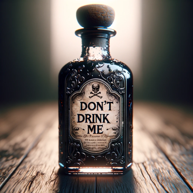 Image created by DALL•E. Prompt: Photorealistic poison bottle with the text "Don't Drink Me" on it.